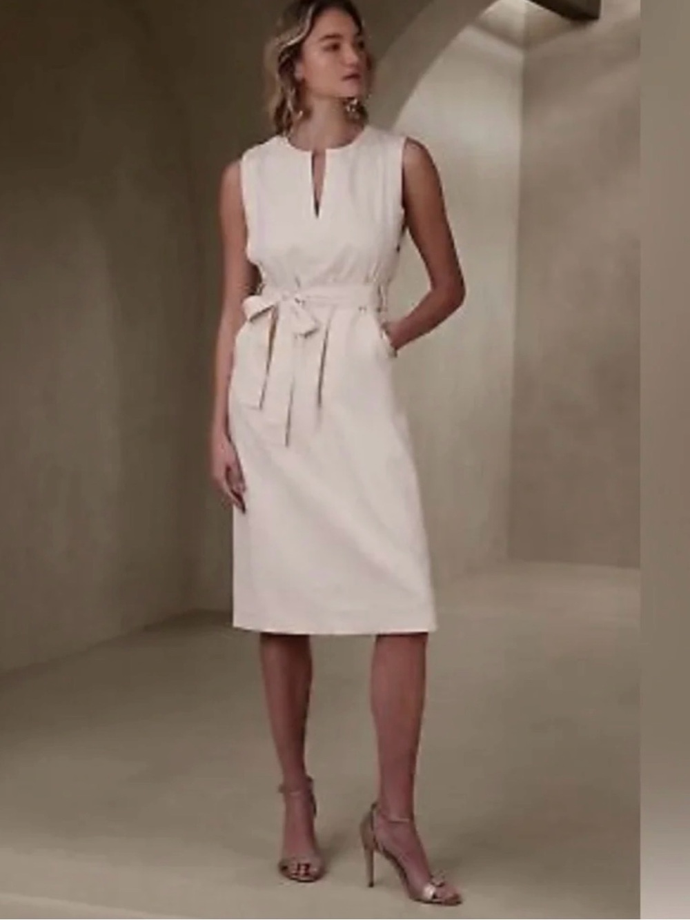 Banana Republic Cream Sleeveless Tie-Waist Midi Dress